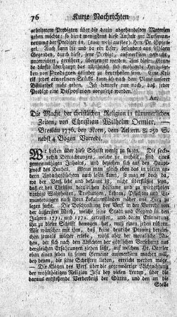 Die Macht der christlichen Religion in kümmerlichen Zeiten.