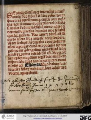 Septuagesimam atque intervallum alicuius anni per hanc tabulam si scire volueris inspice in ea aureum numerum...