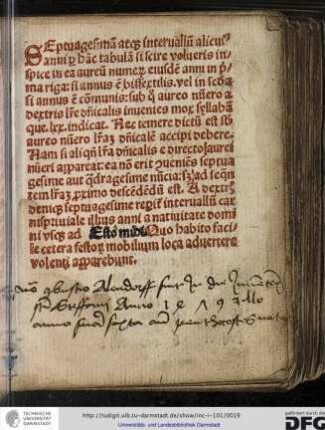 Septuagesimam atque intervallum alicuius anni per hanc tabulam si scire volueris inspice in ea aureum numerum...