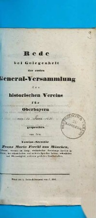 Rede bei Gelegenheit der ersten General-Versammlung des historischen Vereins für Oberbayern am 11. Juni 1838