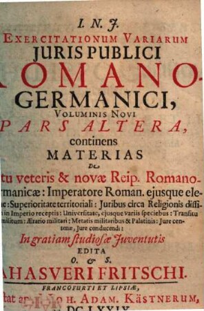 Exercitationum Variarum Juris Publici Romano-Germanici Volumen Novum, 2