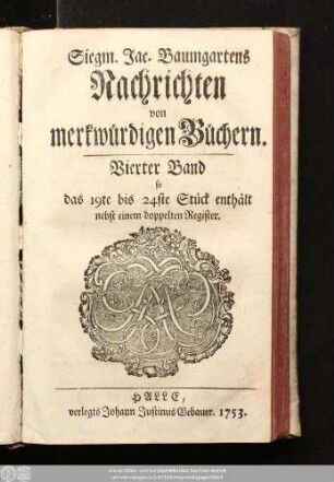 4.1753: Siegm. Jac. Baumgartens Nachrichten von merkwürdigen Büchern