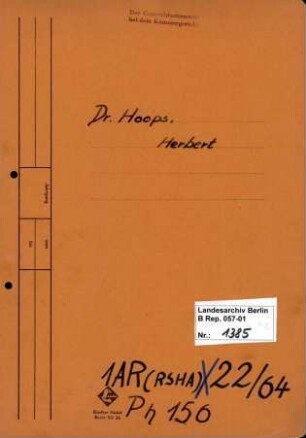 Personenheft Dr. Herbert Hoops (*01.08.1901), SS-Obersturmbannführer