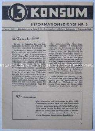 Informationsblatt "KONSUM" u.a. zur Gründung der Konsumgenosenschaften in der Sowjetischen Besatzungszone im Dezember 1945 auf Befehl der SMAD