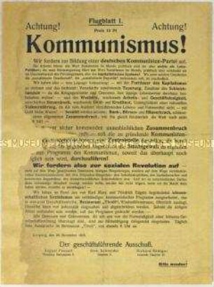 Flugblatt mit dem Aufruf zur Bildung einer kommunistischen Partei in Leipzig