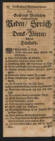 Der Geist- und Weltlichen nachdencklichen Reden/ Sprüch- und Denck-Wörter/ Achtes Hundert
