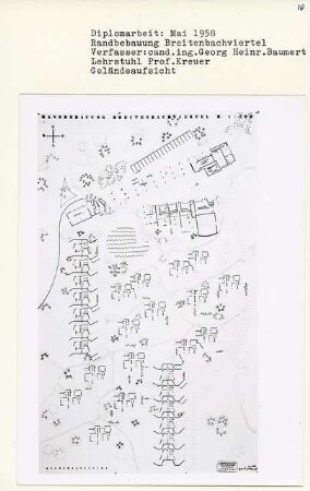 Randbebauung Breitenbachviertel, Berlin-Dahlem (Diplomarbeit bei Willy Kreuer): Gelände, Perspektivische Ansicht (Vogelschau) 1:200