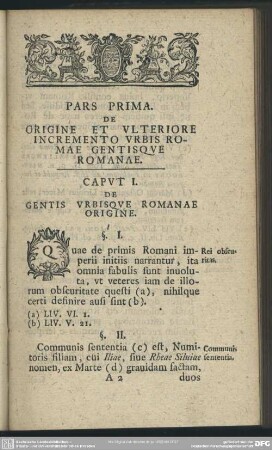 Pars Prima. De Origine Et Ulteriore Incremento Urbis Romae Gentisque Romanae