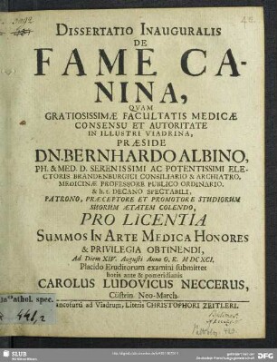 Dissertatio Inauguralis De Fame Canina