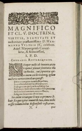 Magnifico ... D. Hermanno Vulteio ... Acad. Marpurgense Cancelario & Antecessori