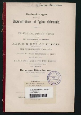 Beobachtungen über die Stickstoff-Bilanz bei Typhus abdominalis ... Nebst den angefügten Thesen