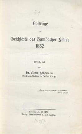 Beiträge zur Geschichte des Hambacher Festes 1832