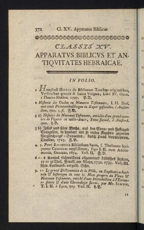 372-396, Classis XV: Apparatus Biblicus et Antiquitates Hebraicae - Classis XVI: Interpretes Bibliorum