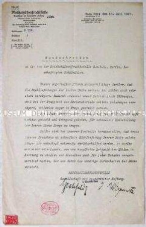 Hektografiertes Rundschreiben der Reichshülsenfruchtstelle