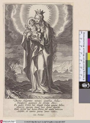 [Die stehende Maria mit Krone das Christuskind auf den Armen, der eine Weltkugel hält]