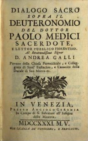 Dialoghi Sacri Sopra La Divina Scrittura, 6. Il Deuteronomio