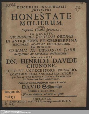 Discursus inauguralis iuridicus de honestate mulierum
