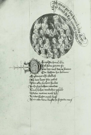 Darstellung des elften Himmels als Kreis mit Gott, Maria, Engeln und Heiligen, von Flammen umgeben