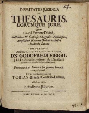 Disputatio Iuridica De Thesauris, Eorumque Iure