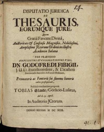 Disputatio Iuridica De Thesauris, Eorumque Iure