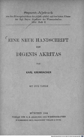 Eine neue Handschrift des Digenis Akritas