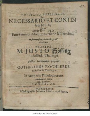 Disputatio Metaphysica De Necessario Et Contingente