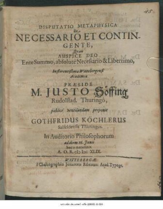 Disputatio Metaphysica De Necessario Et Contingente