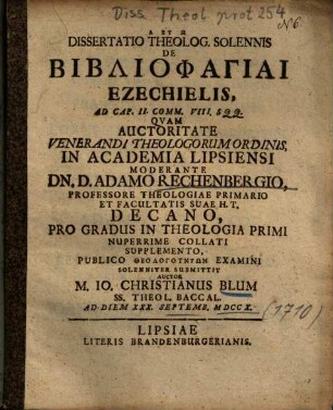 Dissertatio Theolog. Solennis De Bibliophagiai Ezechielis, Ad Cap. II. Comm. VIII. SQQ.