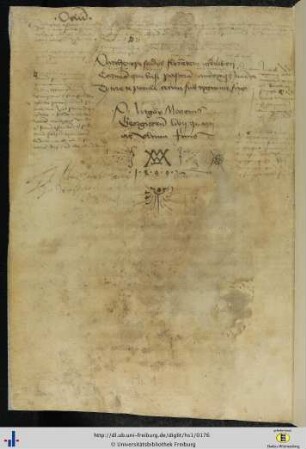 (84v) Monogramm des Schreibers (= Matthäus Waller?) und Datum der Niederschrift: M. W. (W. M.) / 1499.