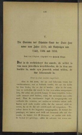 V. Die Statuten des Schmiede-Amts der Stadt Hannover vom Jahre 1510, mit Nachträgen von 1542, 1594 und 1634