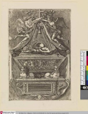 [Epitaph mit einer von zwei Sphingen getragenen Grabarchitektur, auf der ein zerfallener Leichnam ruht, darüber zwei Todesengel; Mausolée épitaphe avec un sarcophage sur lequel repose un gisant]