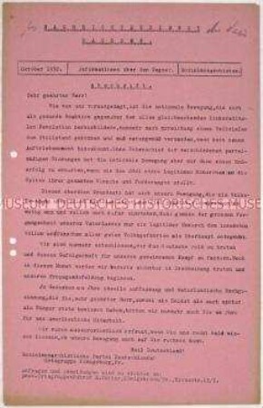 Hektografierte Materialsammlung der NSDAP Sachsen mit der Abschrift eines Rundschreibens der Sozialmonarchistischen Partei Deutschlands Ortsgruppe Königsberg zu ihrem Wahlprogramm