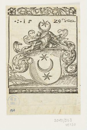Wappen mit gedrehter Mondsichel und zwei Sternen, aus: Philipp Michael Novenianus, "Eyn schone Verordnung vo[n] den der Pestilentz vrsachen, Zceychen, Erczneyen", Leipzig 1529