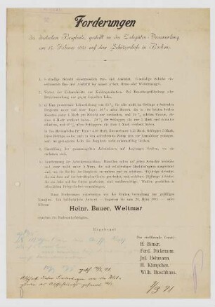"Forderungen der deutschen Bergleute, gestellt in der Delegierten-Versammlung am 15. Februar 1891 auf dem Schützenhofe in Bochum."