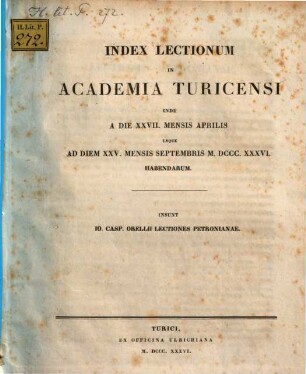 Index lectionum in Literarum Universitate Turicensi ... habendarum, 1836