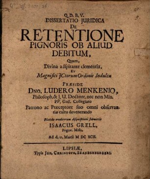 Diss. iur. de retentione pignoris ob aliud debitum