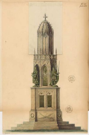 Gefallenendenkmal, Erfurt Monatskonkurrenz Juli 1874: Ansicht mit 2 Varianten der Spitze (aufklappbar)
