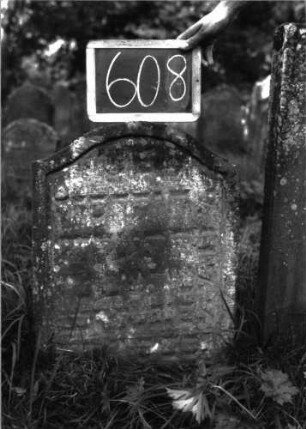 Grabstein 608 (Index: 100105030) Material: Sandstein Zustand: stark verwittert, eingesunken, teilweiser Textverlust Maße HxBxT: 67x46x9 cm Beschreibung: Stele, Konvexbogenabschluss, Schriftfeld eingetieft: Grabstein 608