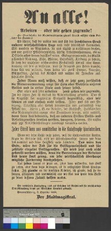 Veröffentlichung eines Aufrufs des Reichsamtes für wirtschaftliche Demobilmachung zur wirtschaftlichen Notlage, zur Aufrechterhaltung der Arbeitsleistung und zur Vermeidung von Streiks durch den Stadtmagistrat Braunschweig