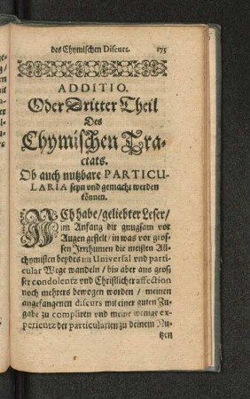 Additio. Oder Dritter Theil Des Chymischen Tractats.