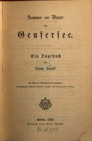 Sommer und Winter am Genfersee : ein Tagebuch