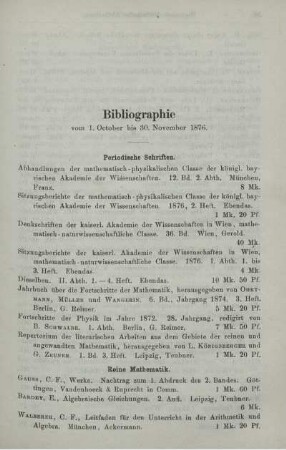 Bibliographie vom 1. October bis 30. November 1876.