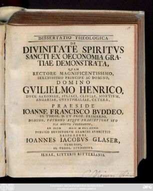 Dissertatio Theologica De Divinitate Spiritvs Sancti Ex Oeconomia Gratia Demonstrata