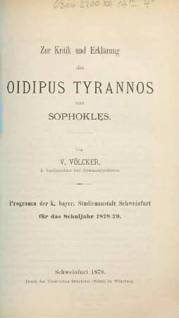 Zur Kritik und Erklärung des Oidipus Tyrannos von Sophokles