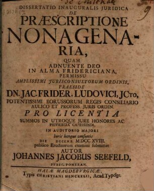 Dissertatio Inauguralis Juridica De Præscriptione Nonagenaria