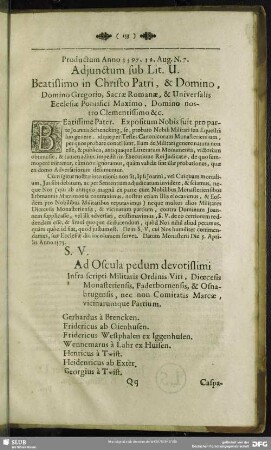 Adjunctum sub Lit. U. Beatissimo in Christo Patri, & Domino, Domino Gregorio, Sacrae Romanae, & Universalis Ecclesiae Pontifici Maximo, Domino nostro Clementissimo &c.