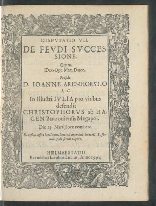Disputatio VII. De Feudi Successione ...