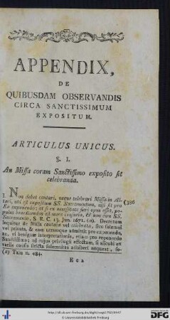 Appendix De Quibusdam Observandis Circa Sanctissimum Expositum.