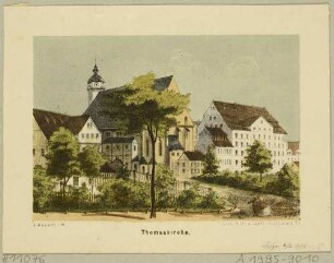 Die Thomaskirche in Leipzig, mit der Thomasschule rechts, Blick aus nordwestlicher Richtung von der Promenade aus