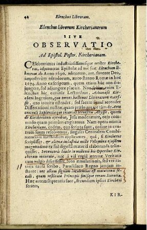 Elenchus librorum Kircherianorum sive Observatio ad Epistol. Poster. Kircherianam.